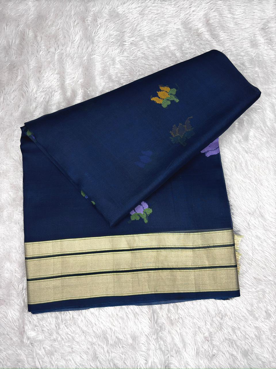 Midnight Indigo Kora Kadhua Jamdani Handloom Saree with Multicolour Floral Weave