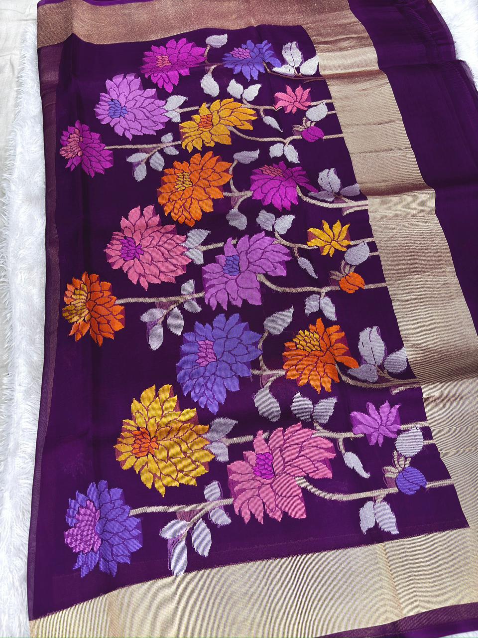 Regal Plum Kora Kadhua Jamdani Handloom Saree with Multicolour Floral Jaal