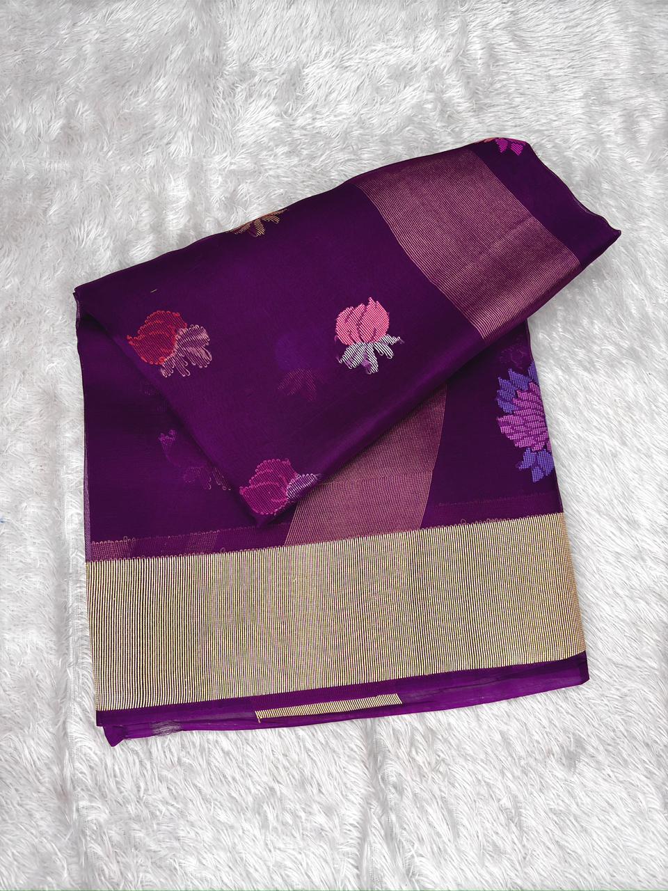 Regal Plum Kora Kadhua Jamdani Handloom Saree with Multicolour Floral Jaal