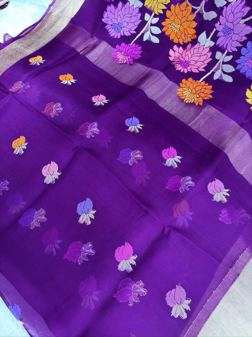 Regal Plum Kora Kadhua Jamdani Handloom Saree with Multicolour Floral Jaal