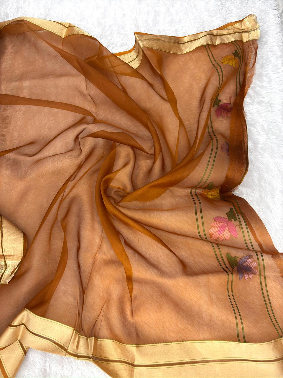 Earthy Umber Kora Kadhua Jamdani Handloom Saree with Multicolour Floral Vines