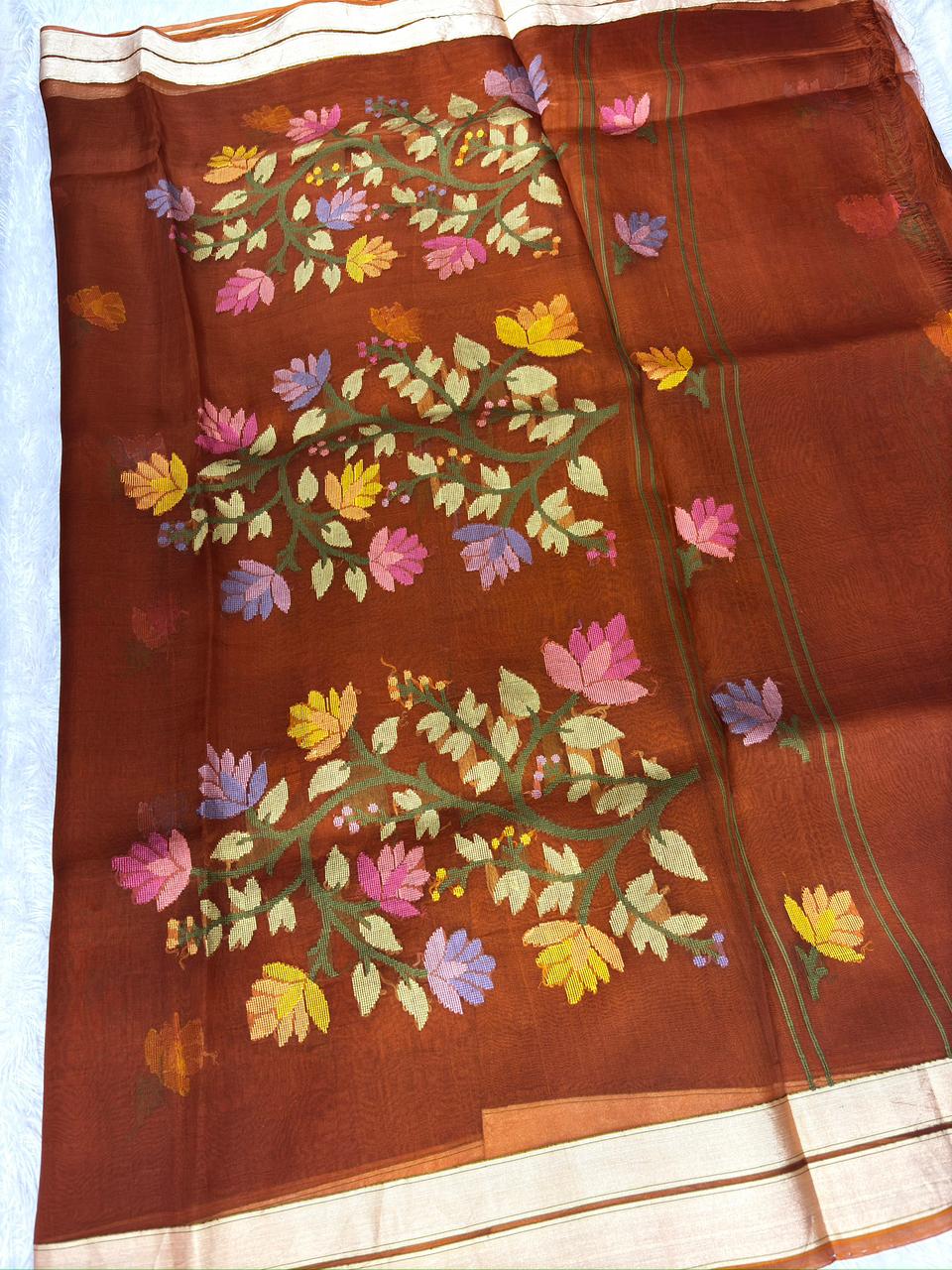 Earthy Umber Kora Kadhua Jamdani Handloom Saree with Multicolour Floral Vines