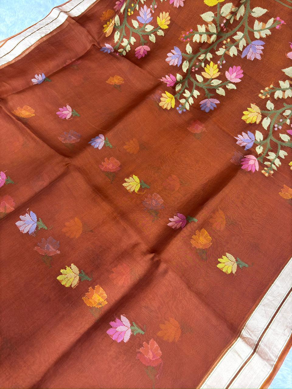 Earthy Umber Kora Kadhua Jamdani Handloom Saree with Multicolour Floral Vines