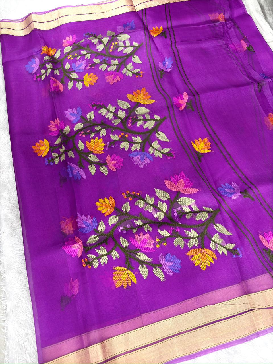 Royal Violet Kora Kadhua Jamdani Handloom Saree with Multicolour Floral Vines