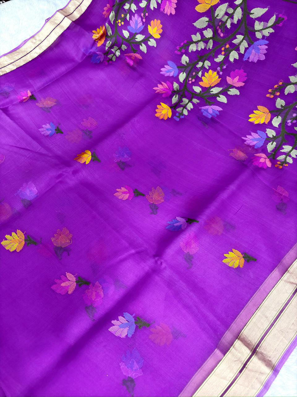 Royal Violet Kora Kadhua Jamdani Handloom Saree with Multicolour Floral Vines