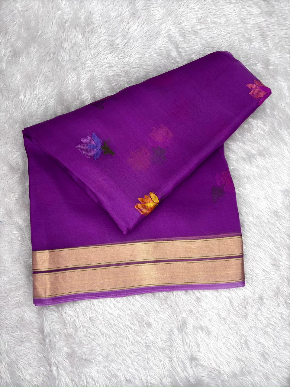 Royal Violet Kora Kadhua Jamdani Handloom Saree with Multicolour Floral Vines