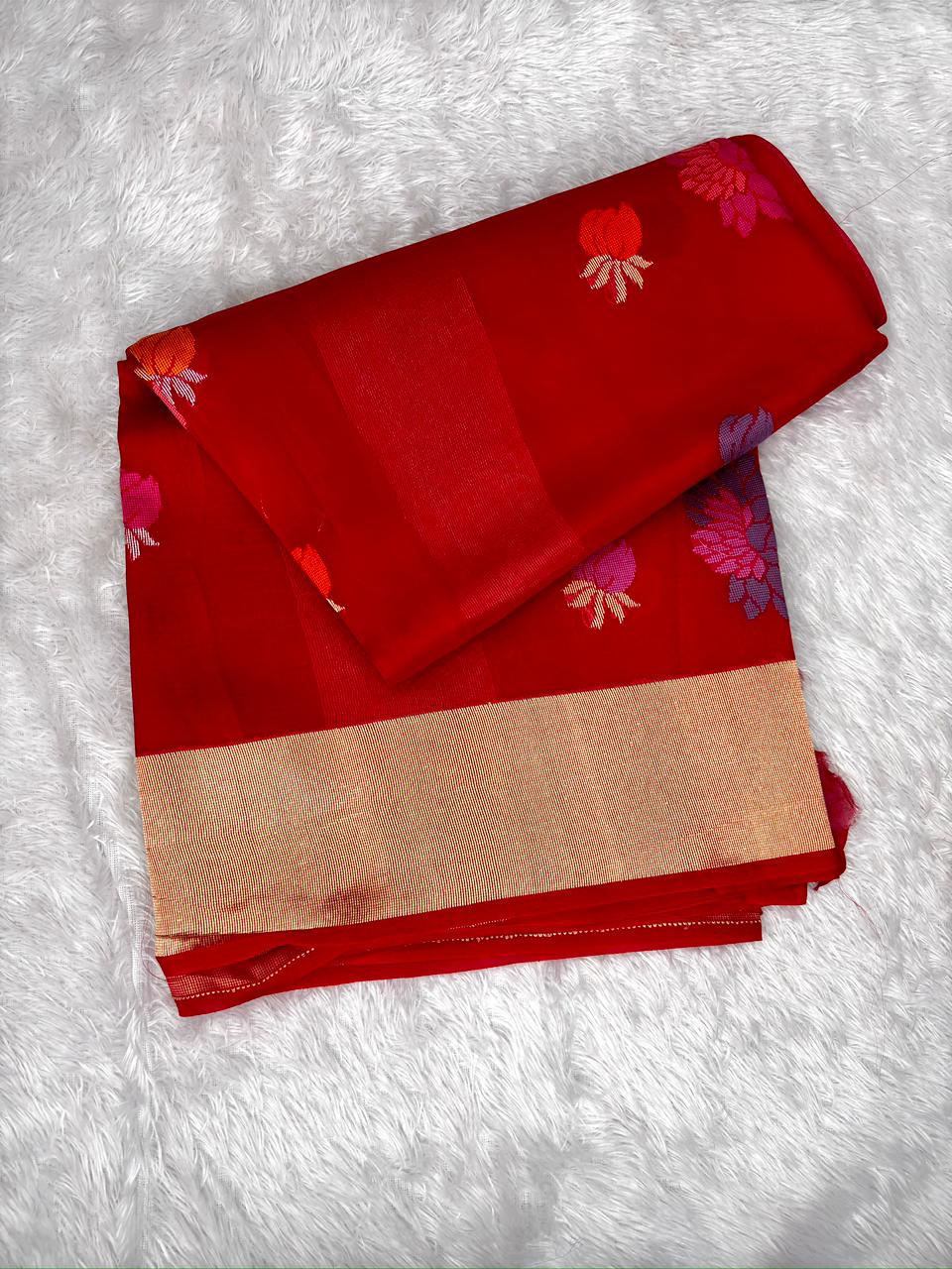 Sindoor Red Kora Kadhua Jamdani Handloom Saree with Multicolour Floral Weave