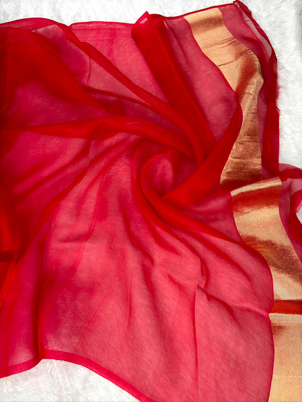Sindoor Red Kora Kadhua Jamdani Handloom Saree with Multicolour Floral Weave