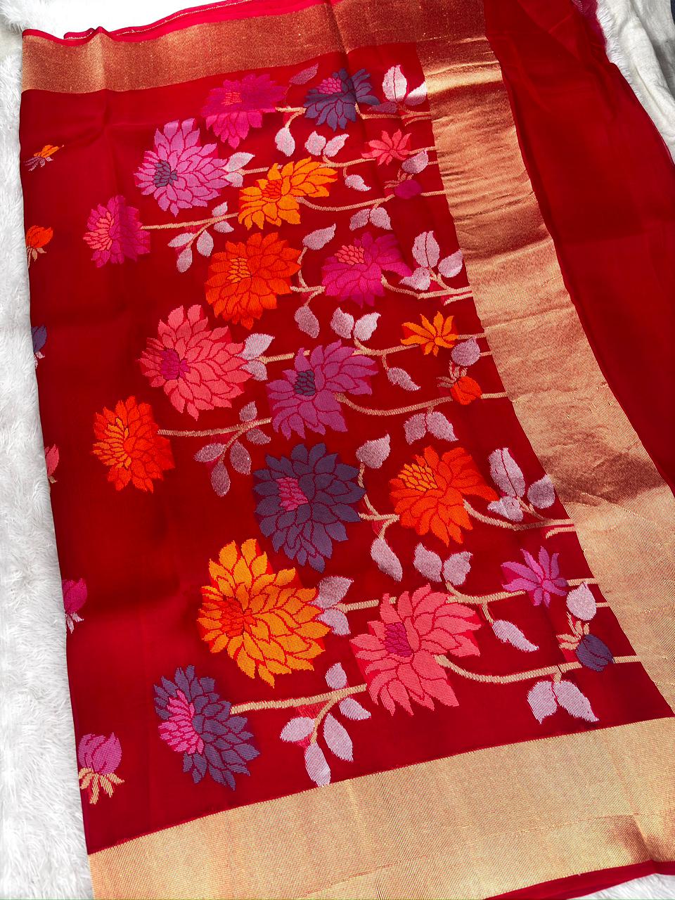 Sindoor Red Kora Kadhua Jamdani Handloom Saree with Multicolour Floral Weave