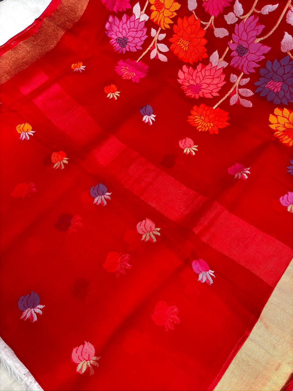 Sindoor Red Kora Kadhua Jamdani Handloom Saree with Multicolour Floral Weave