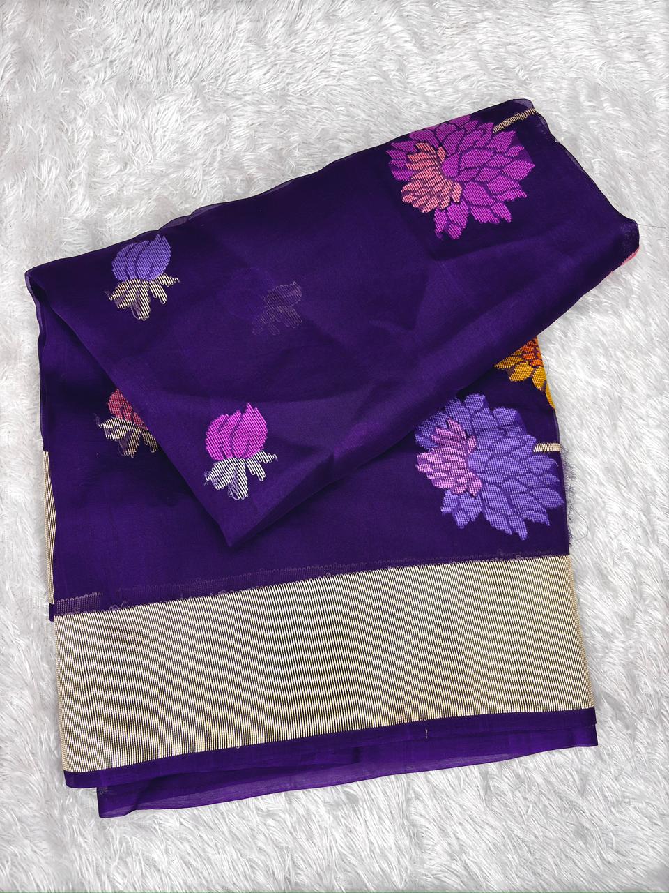 Royal Amethyst Kora Kadhua Jamdani Handloom Saree with Multicolour Floral Motifs