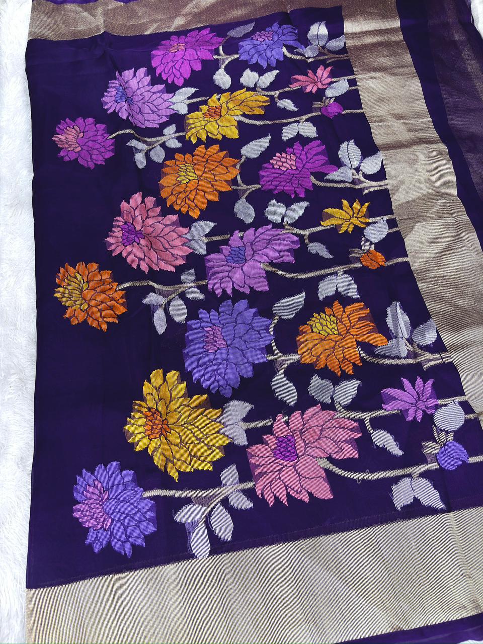 Royal Amethyst Kora Kadhua Jamdani Handloom Saree with Multicolour Floral Motifs