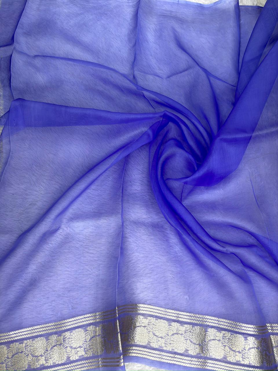 Pure Banarasi Kora Silk Handloom Saree in Deep Maroon & Royal Blue