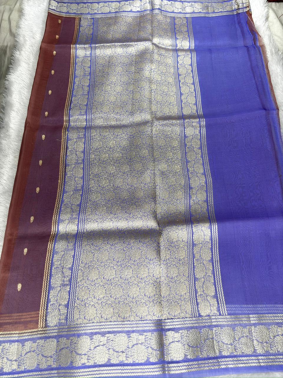 Pure Banarasi Kora Silk Handloom Saree in Deep Maroon & Royal Blue