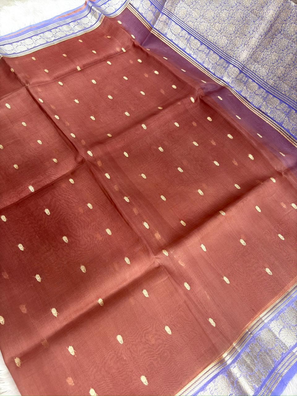 Pure Banarasi Kora Silk Handloom Saree in Deep Maroon & Royal Blue