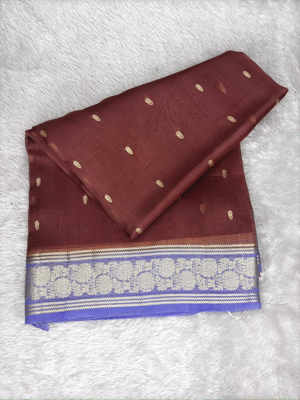 Pure Banarasi Kora Silk Handloom Saree in Deep Maroon & Royal Blue