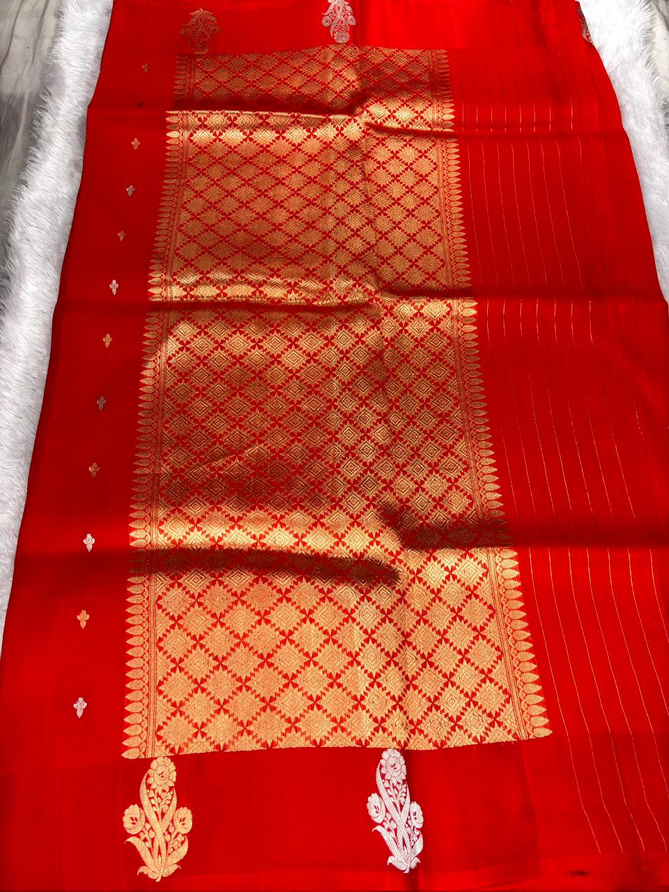 The Bridal Blush: Pure Kora Organza Handloom Saree in Cherry Red