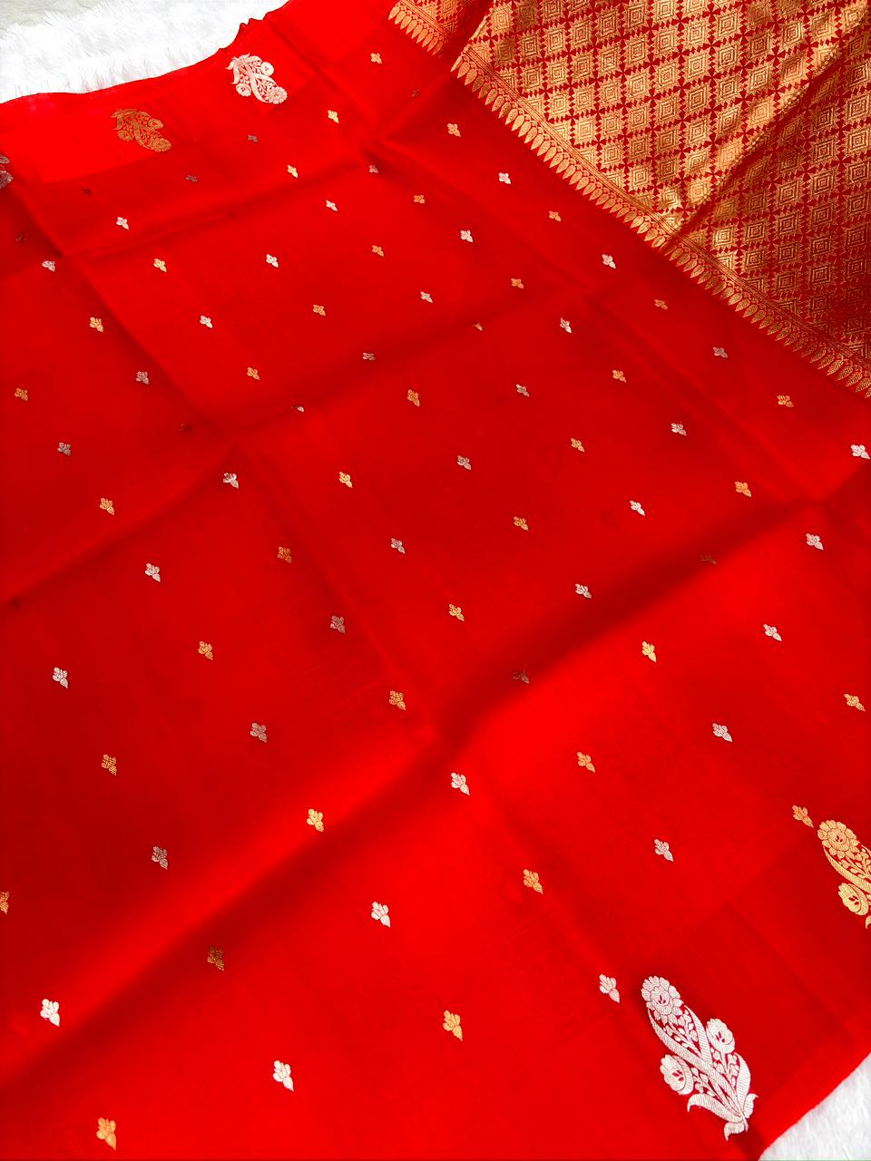 The Bridal Blush: Pure Kora Organza Handloom Saree in Cherry Red