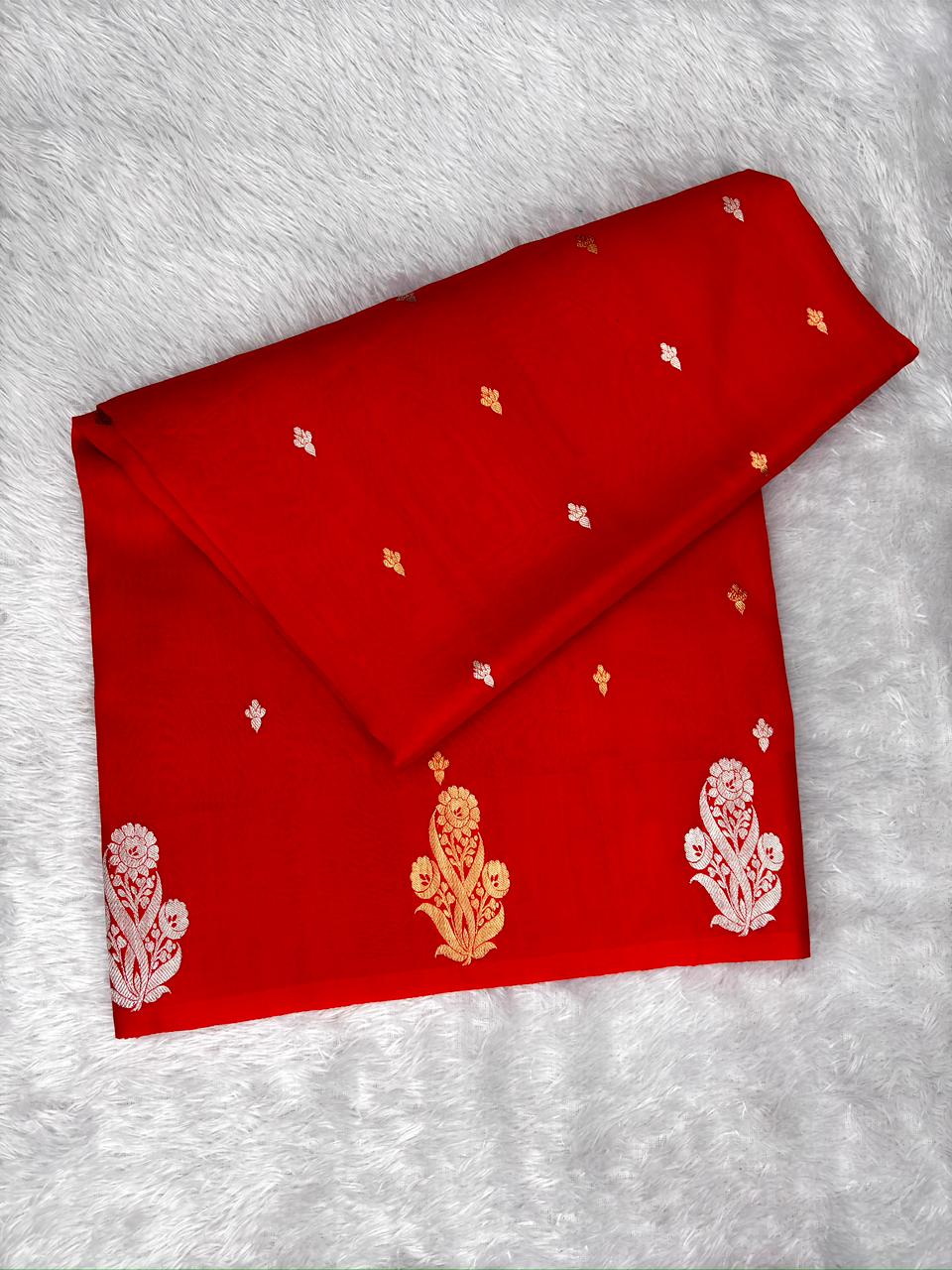 The Bridal Blush: Pure Kora Organza Handloom Saree in Cherry Red