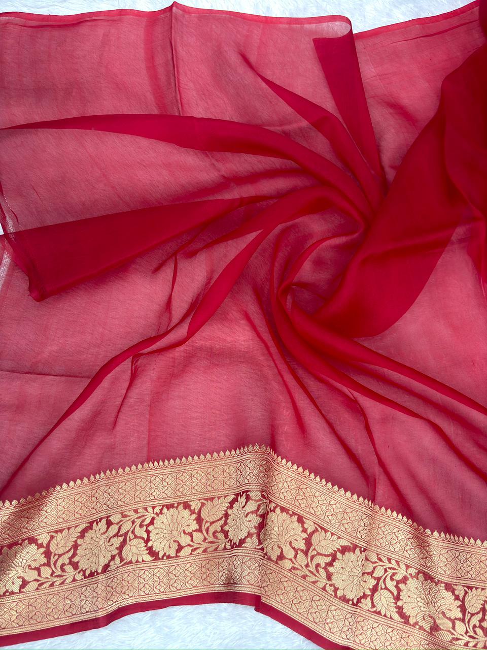 Crimson Red Banarasi Kora Silk Saree with Sona Rupa (Gold & Silver) Motifs