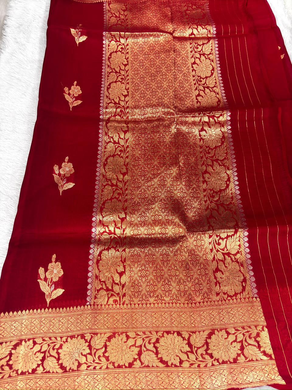 Crimson Red Banarasi Kora Silk Saree with Sona Rupa (Gold & Silver) Motifs