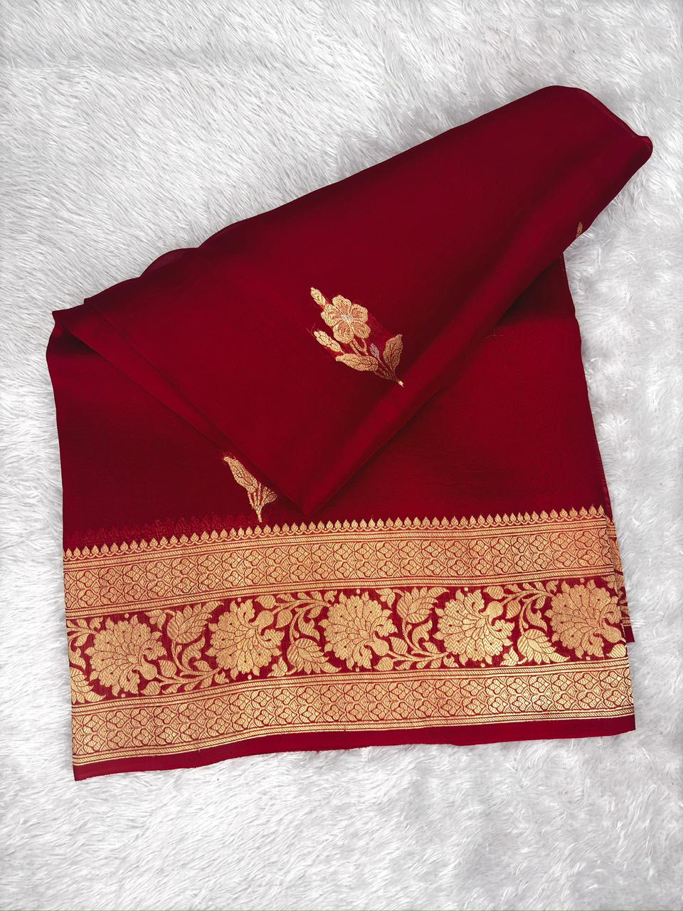 Crimson Red Banarasi Kora Silk Saree with Sona Rupa (Gold & Silver) Motifs