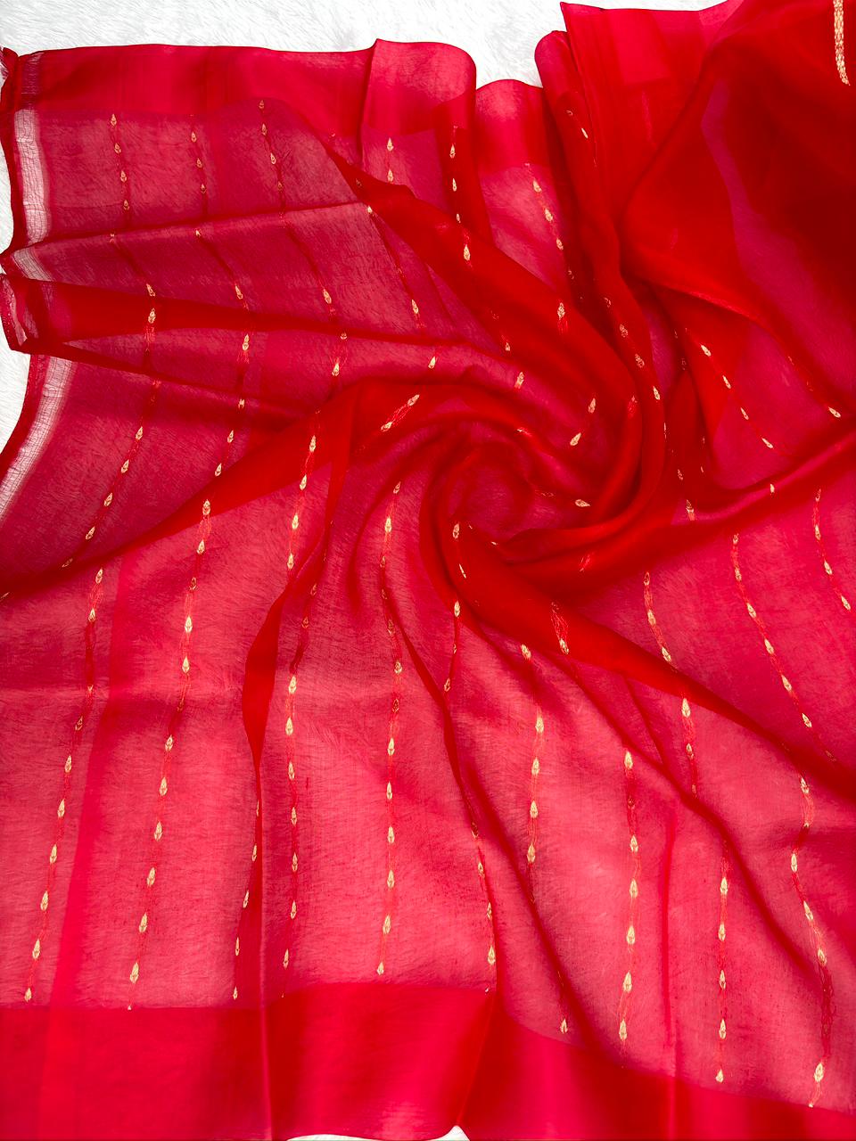 herry Red Banarasi Kora Silk Saree with Multi-Color Meenakari Motifs
