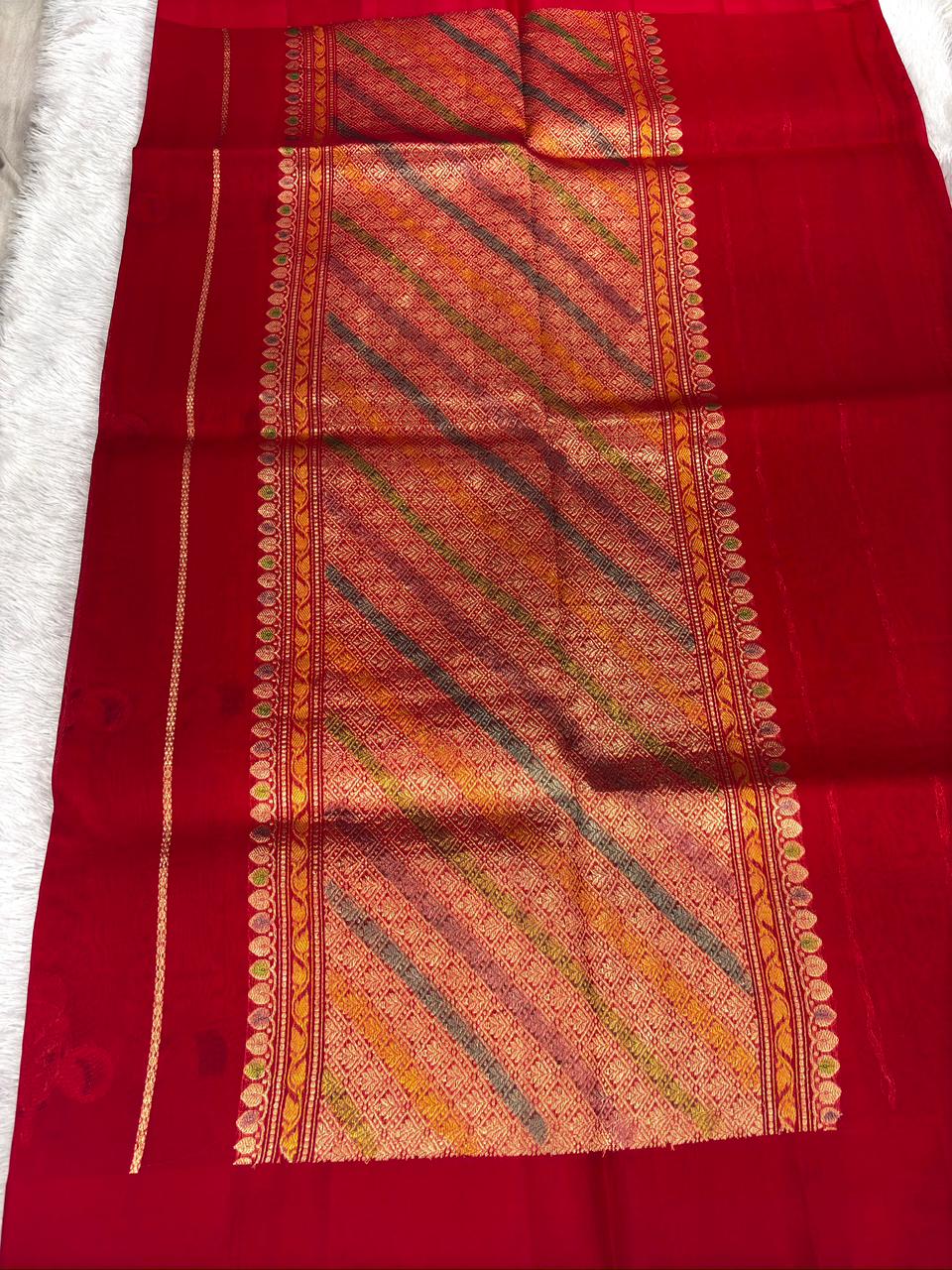herry Red Banarasi Kora Silk Saree with Multi-Color Meenakari Motifs