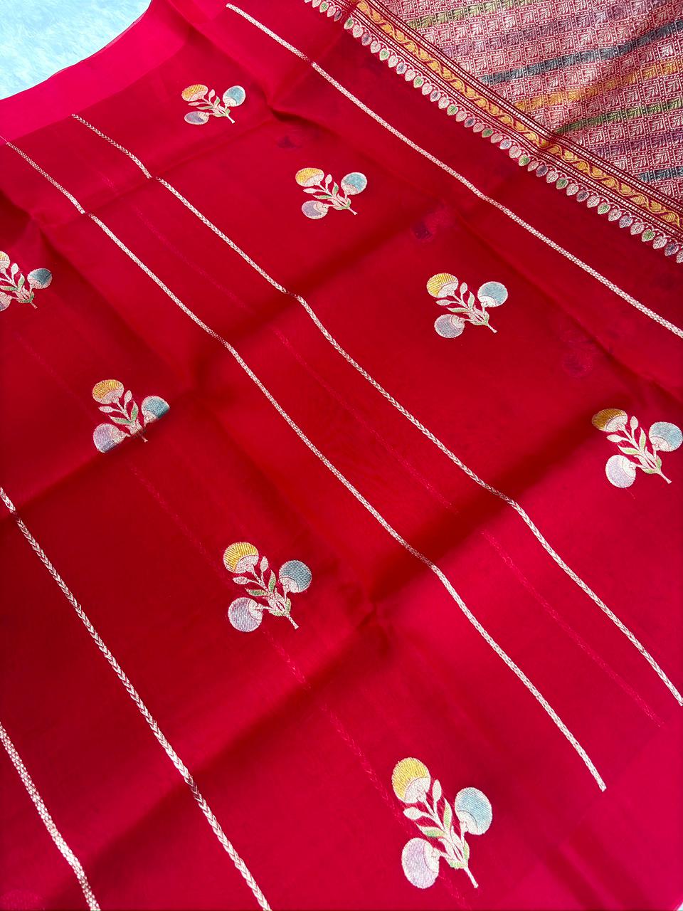 herry Red Banarasi Kora Silk Saree with Multi-Color Meenakari Motifs