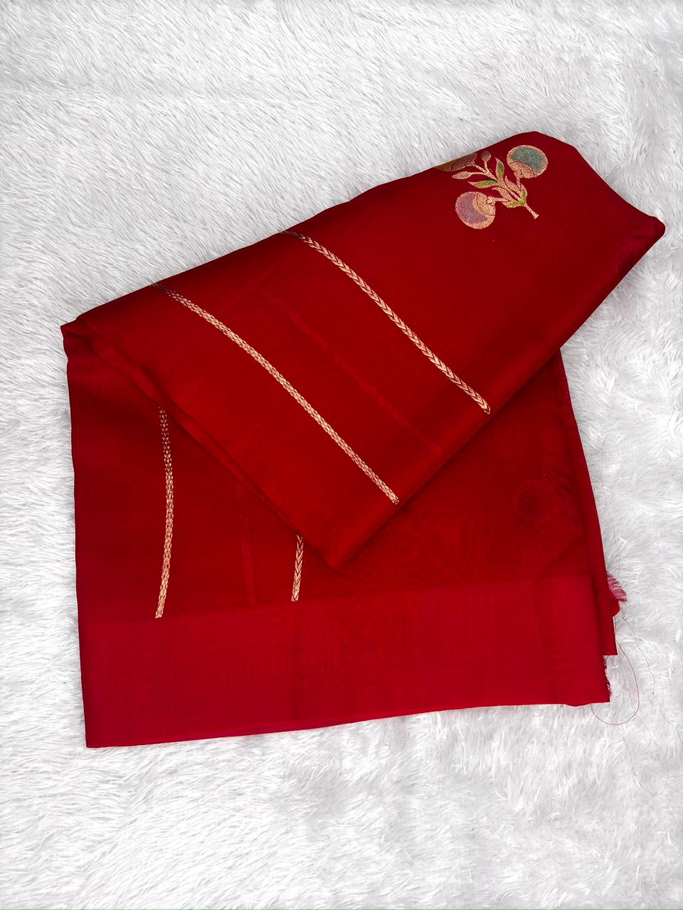 herry Red Banarasi Kora Silk Saree with Multi-Color Meenakari Motifs