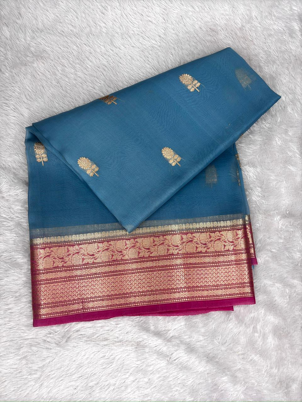 Exclusive Steel Blue & Magenta Banarasi Kora Silk Handloom Saree with Gold Zari Buta