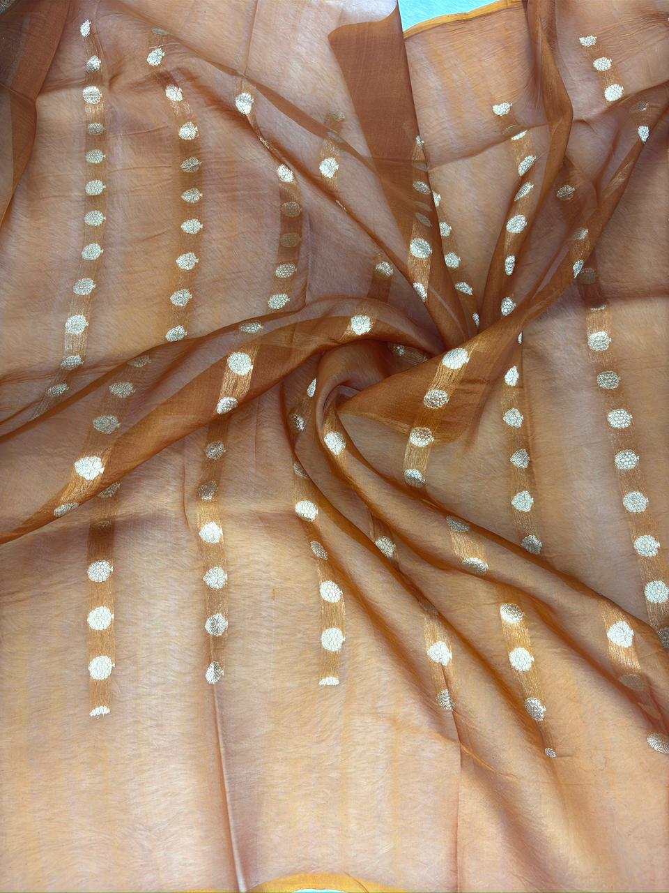 Rust Copper Banarasi Kora Silk Saree with Vertical Zari Dot Stripes