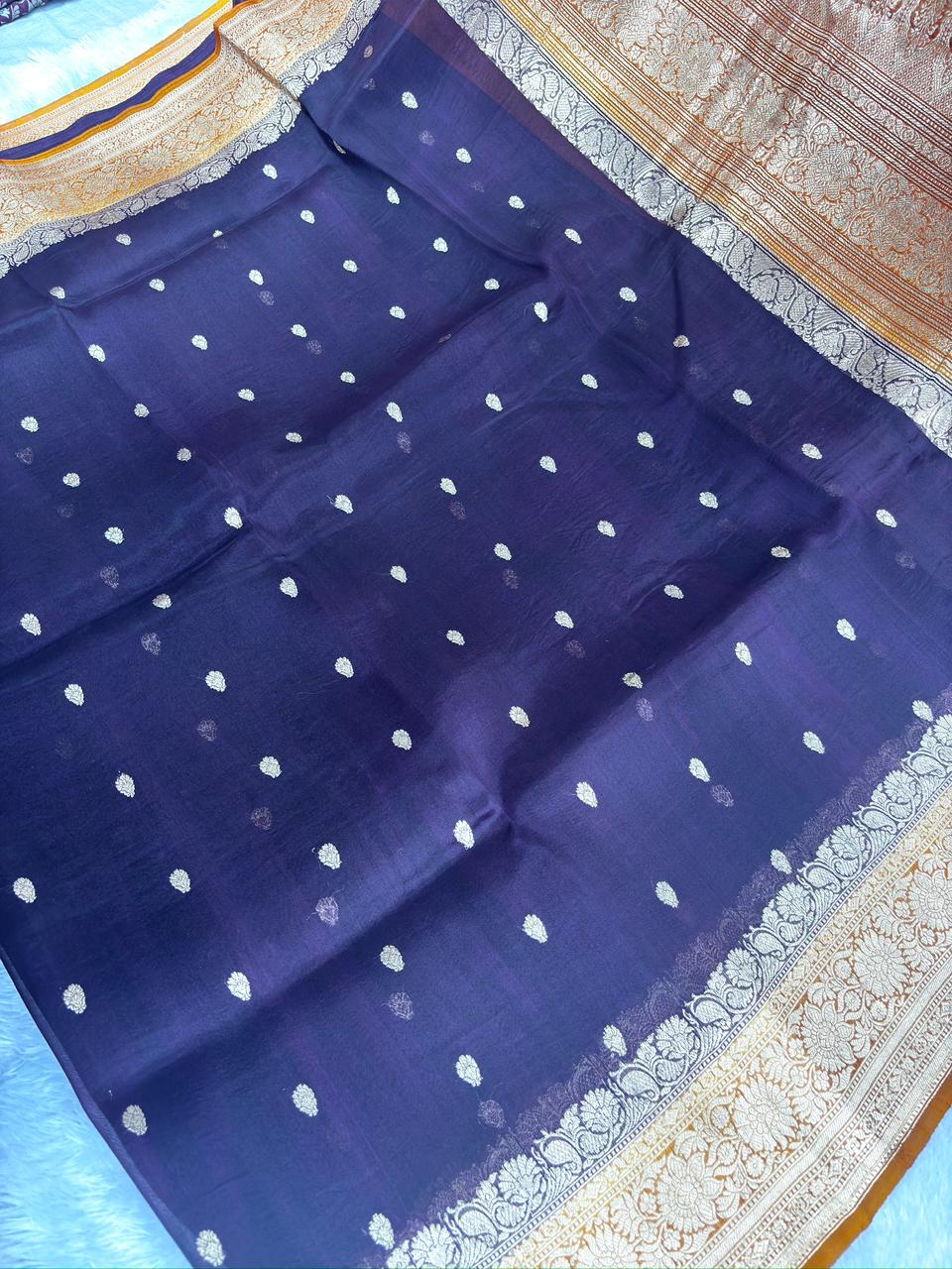 Rust Copper Banarasi Kora Silk Saree with Vertical Zari Dot Stripes