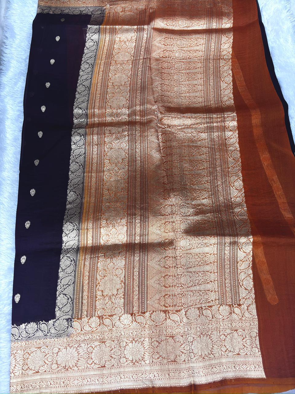 Rust Copper Banarasi Kora Silk Saree with Vertical Zari Dot Stripes