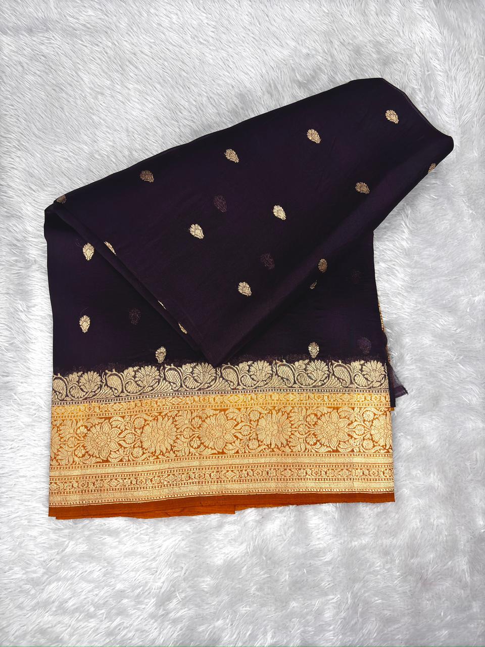 Rust Copper Banarasi Kora Silk Saree with Vertical Zari Dot Stripes