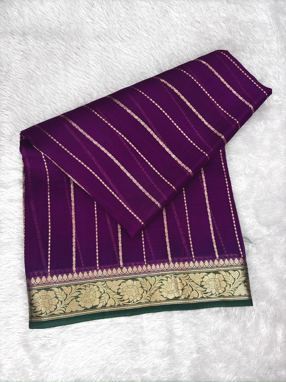 Violet Banarasi Kora Silk Saree with Bottle Green Border & Linear Zari Work
