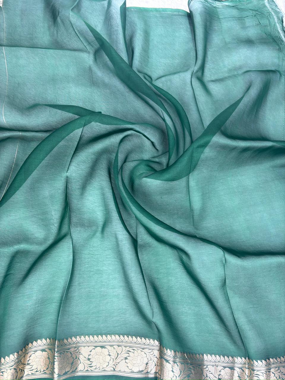 Violet Banarasi Kora Silk Saree with Bottle Green Border & Linear Zari Work