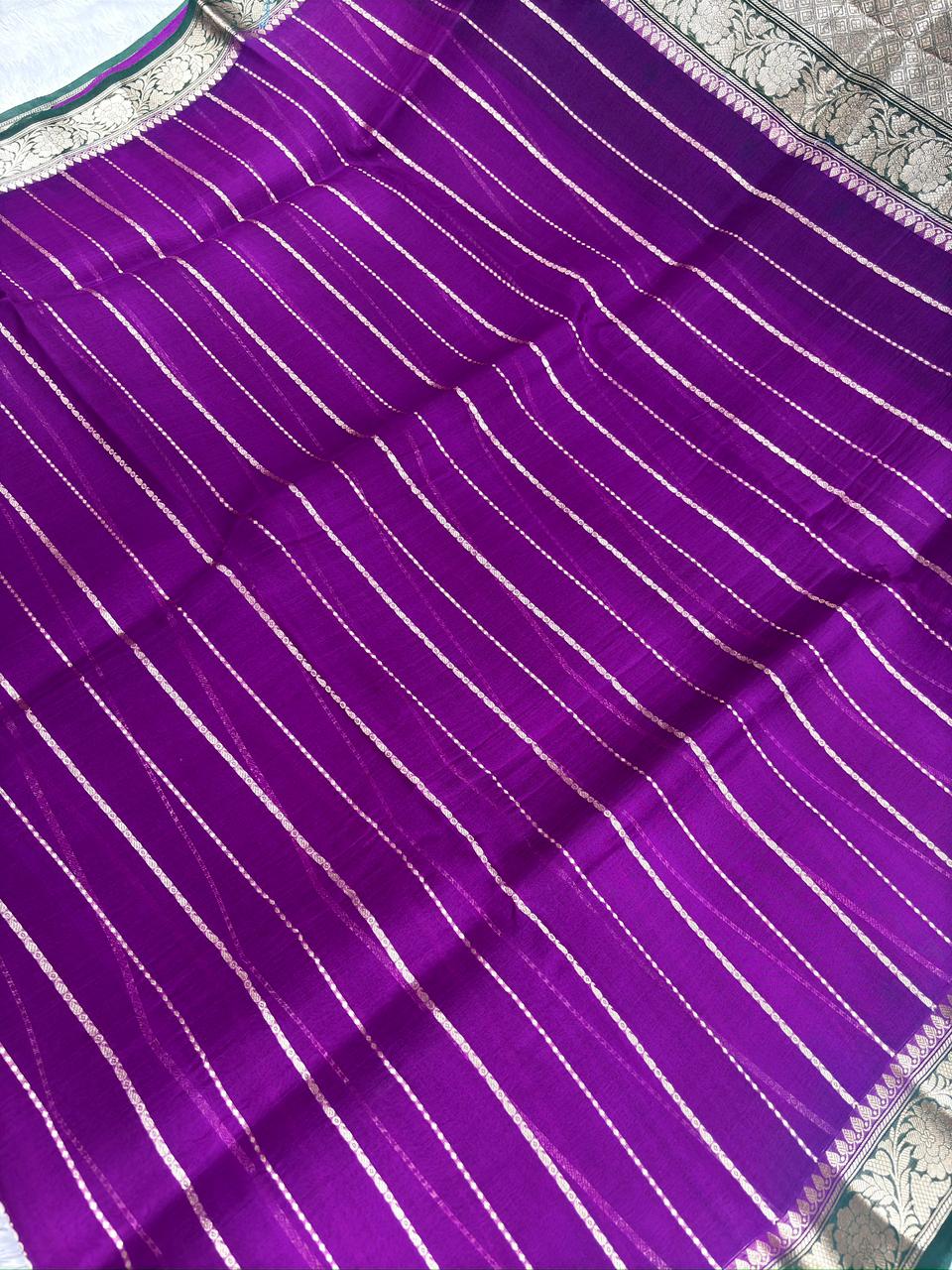 Violet Banarasi Kora Silk Saree with Bottle Green Border & Linear Zari Work