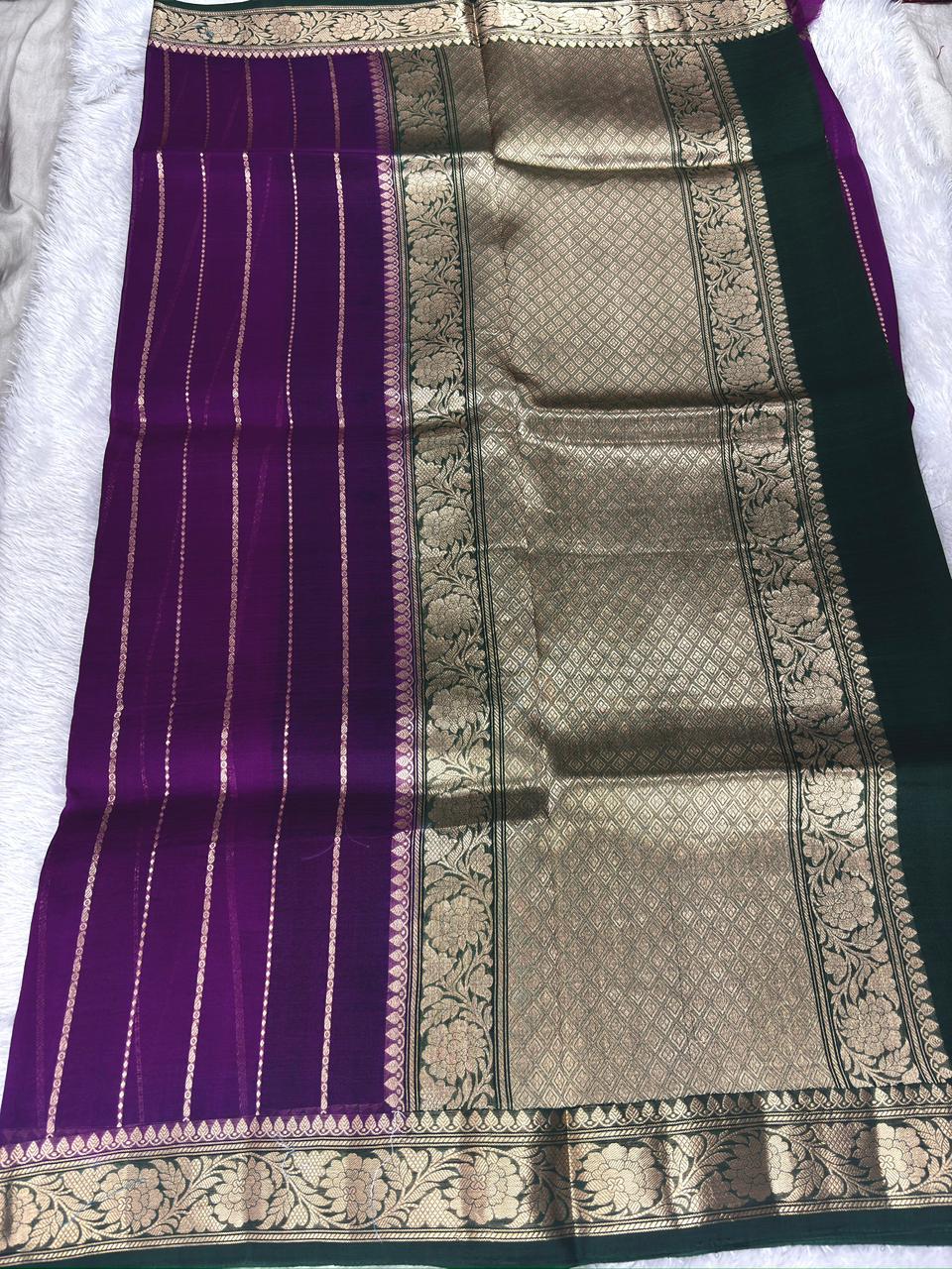 Violet Banarasi Kora Silk Saree with Bottle Green Border & Linear Zari Work