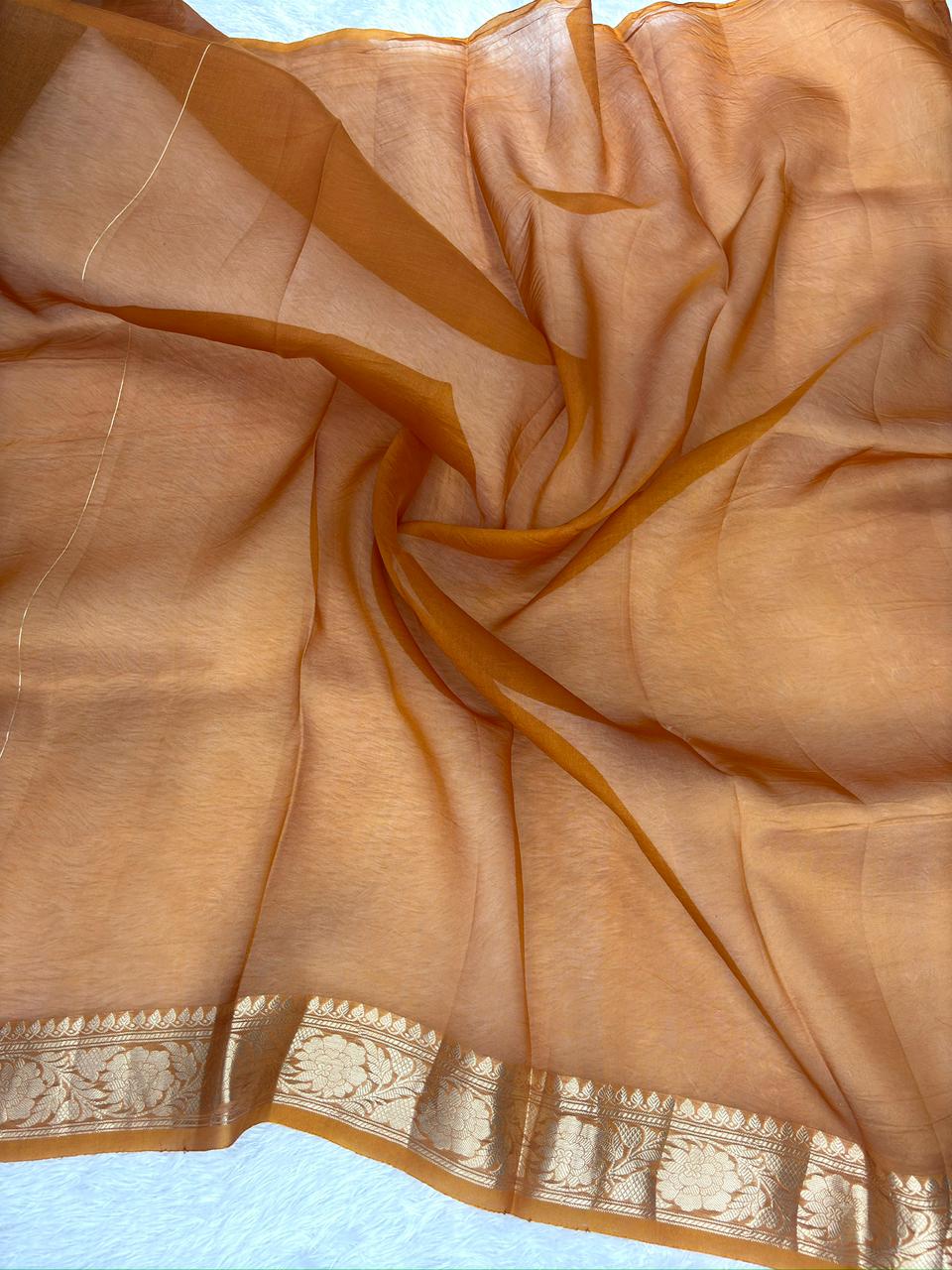 Deep Purple Banarasi Kora Silk Saree with Gold Stripes & Mustard Border