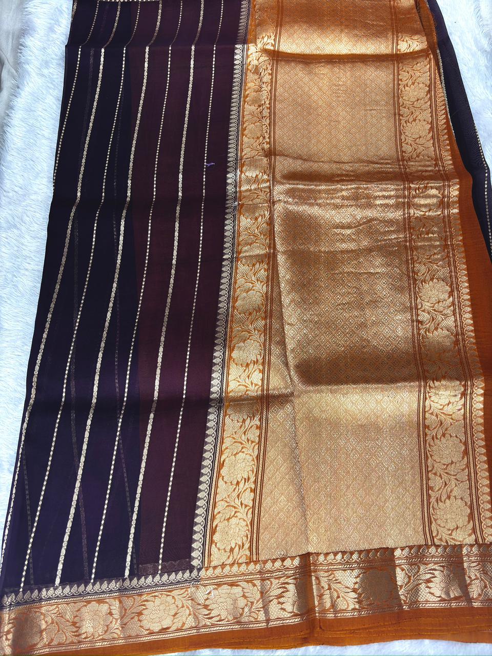 Deep Purple Banarasi Kora Silk Saree with Gold Stripes & Mustard Border
