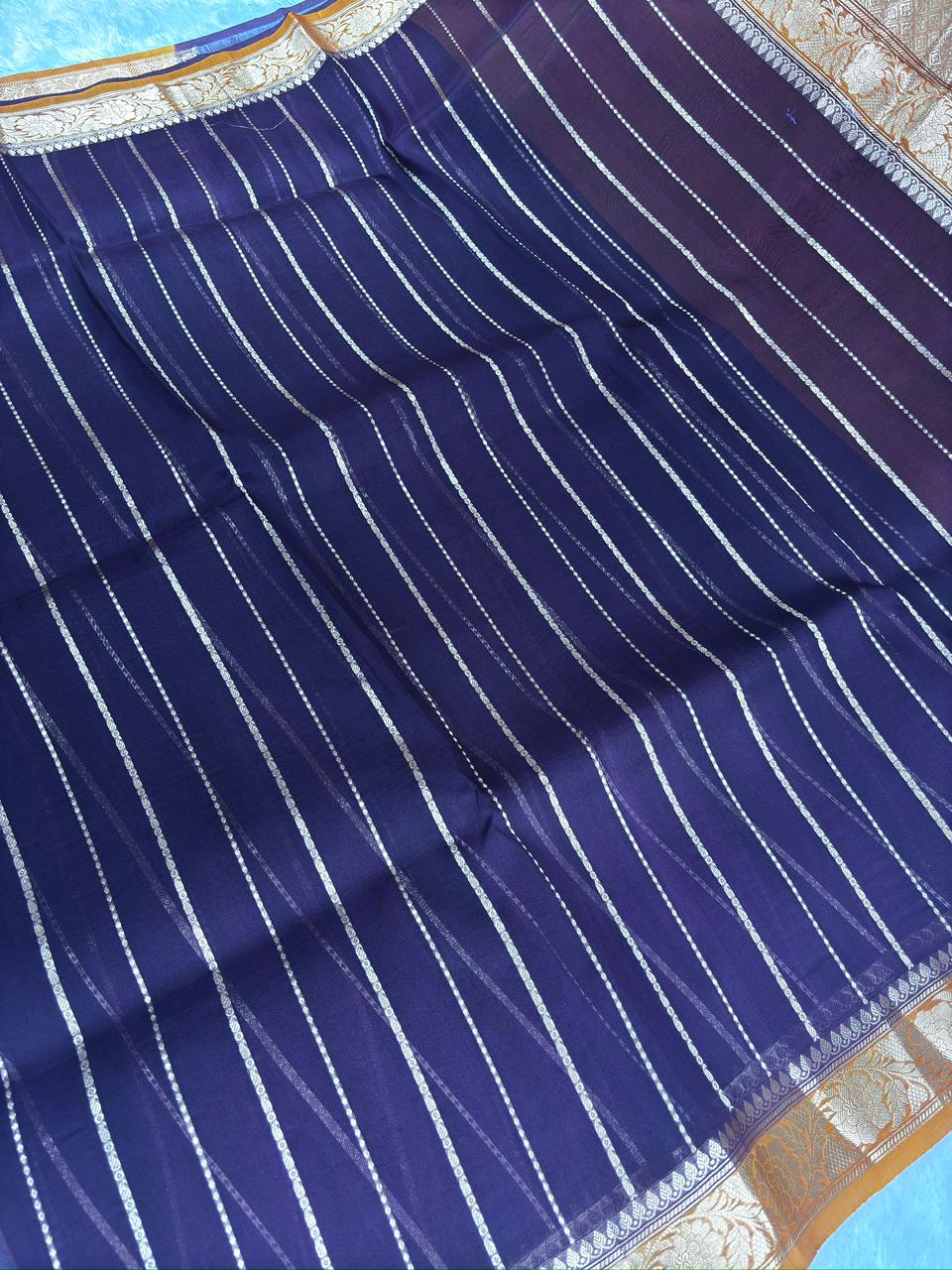 Deep Purple Banarasi Kora Silk Saree with Gold Stripes & Mustard Border
