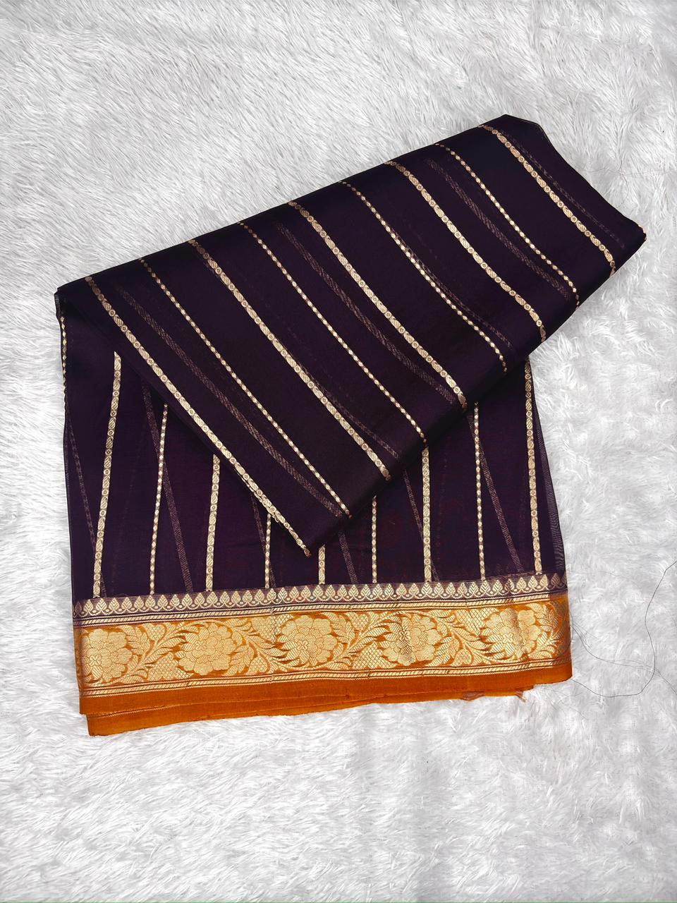 Deep Purple Banarasi Kora Silk Saree with Gold Stripes & Mustard Border