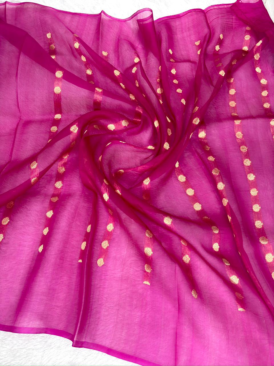 Deep Violet Banarasi Kora Silk Saree with Emerald Green Border & Linear Zari