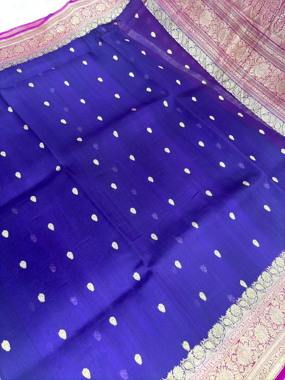 Deep Violet Banarasi Kora Silk Saree with Emerald Green Border & Linear Zari
