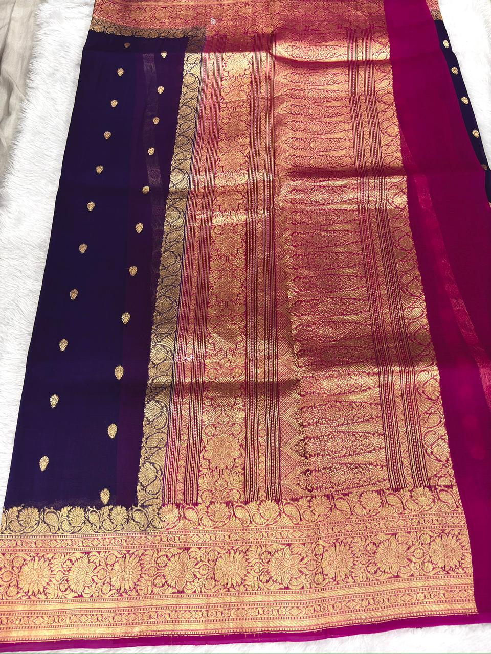 Deep Violet Banarasi Kora Silk Saree with Emerald Green Border & Linear Zari