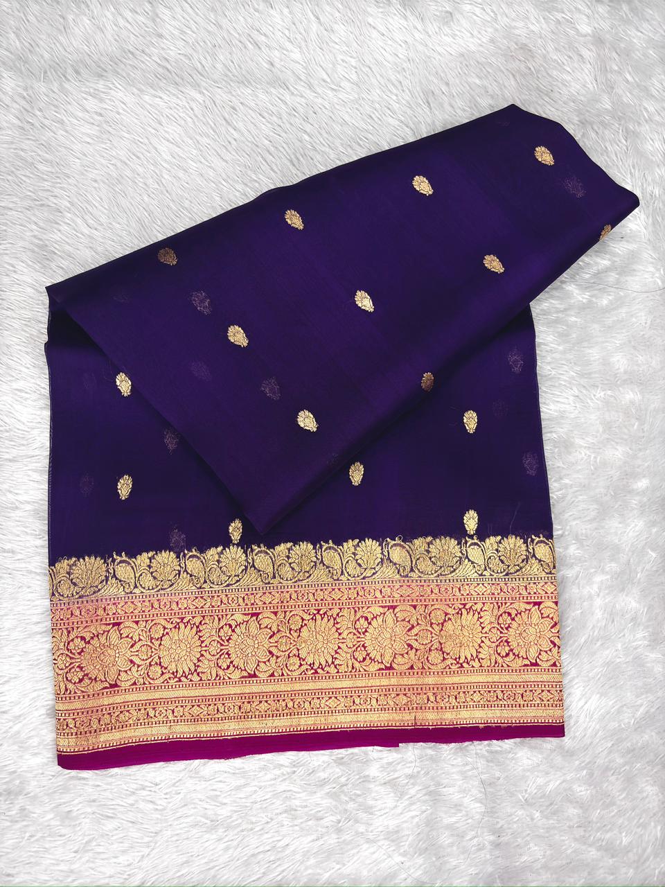 Deep Violet Banarasi Kora Silk Saree with Emerald Green Border & Linear Zari