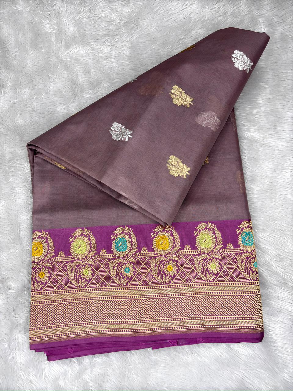Smoky Grey Kora Kadhua Handloom Saree with Royal Purple Zari Border