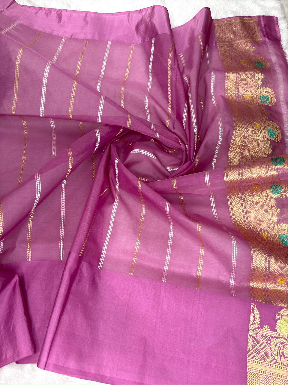 Smoky Grey Kora Kadhua Handloom Saree with Royal Purple Zari Border