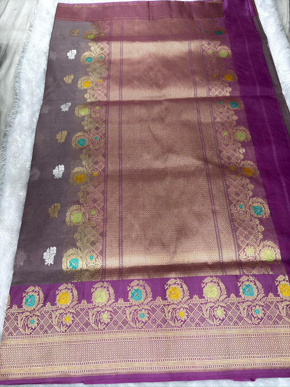 Smoky Grey Kora Kadhua Handloom Saree with Royal Purple Zari Border